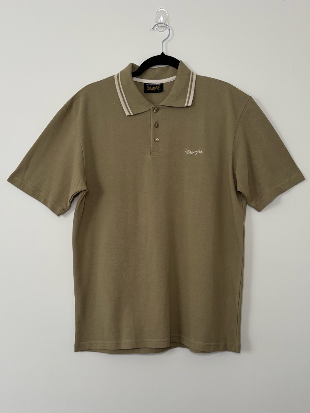 Wrangler Mens Olive Green Cotton Pique Polo Shirt White Stripe Collar Size M